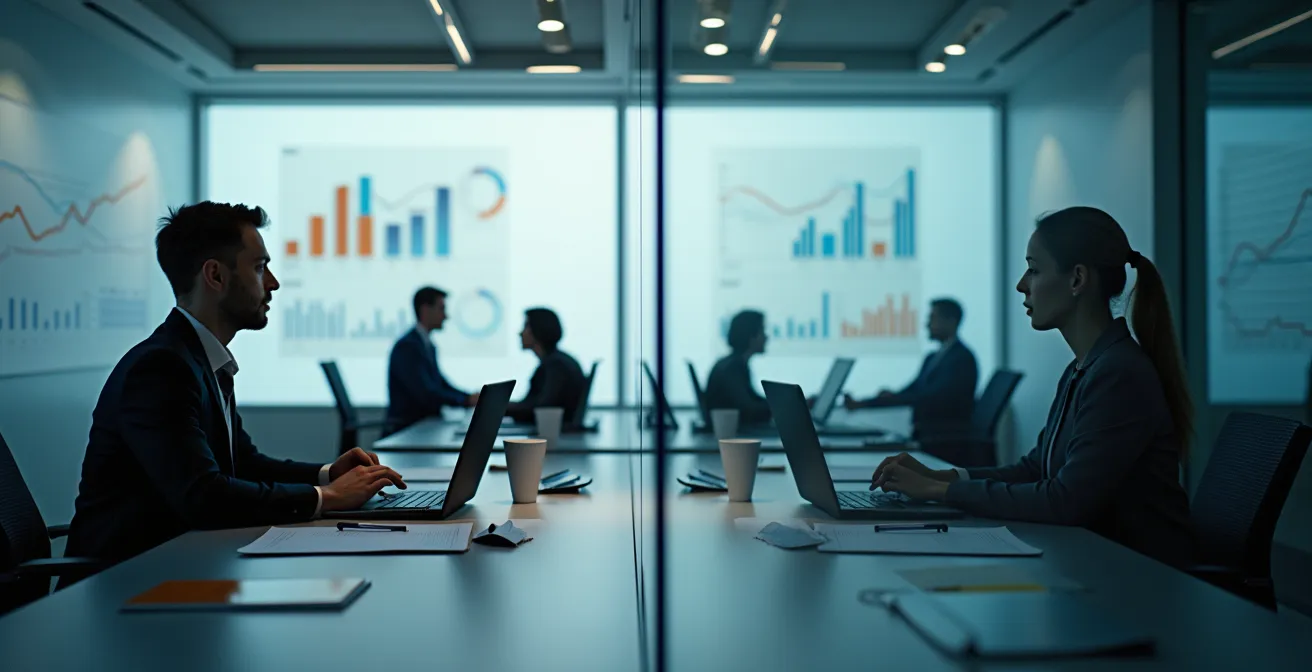 Agent immobilier présentant un dossier de vente exclusif avec graphiques de négociation