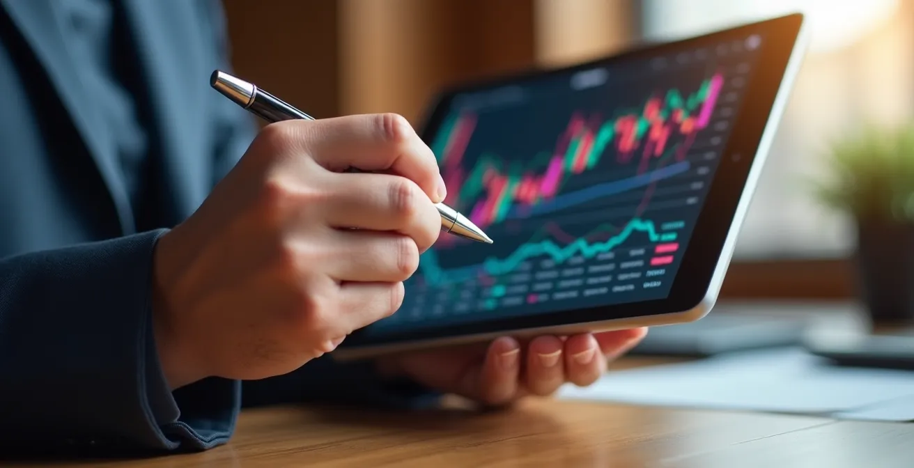 Gros plan sur les mains d'un agent présentant des graphiques de marché sur tablette