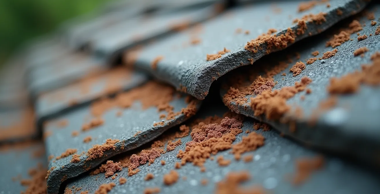Vue macro d'une toiture en fibrociment montrant l'évolution de l'état de conservation