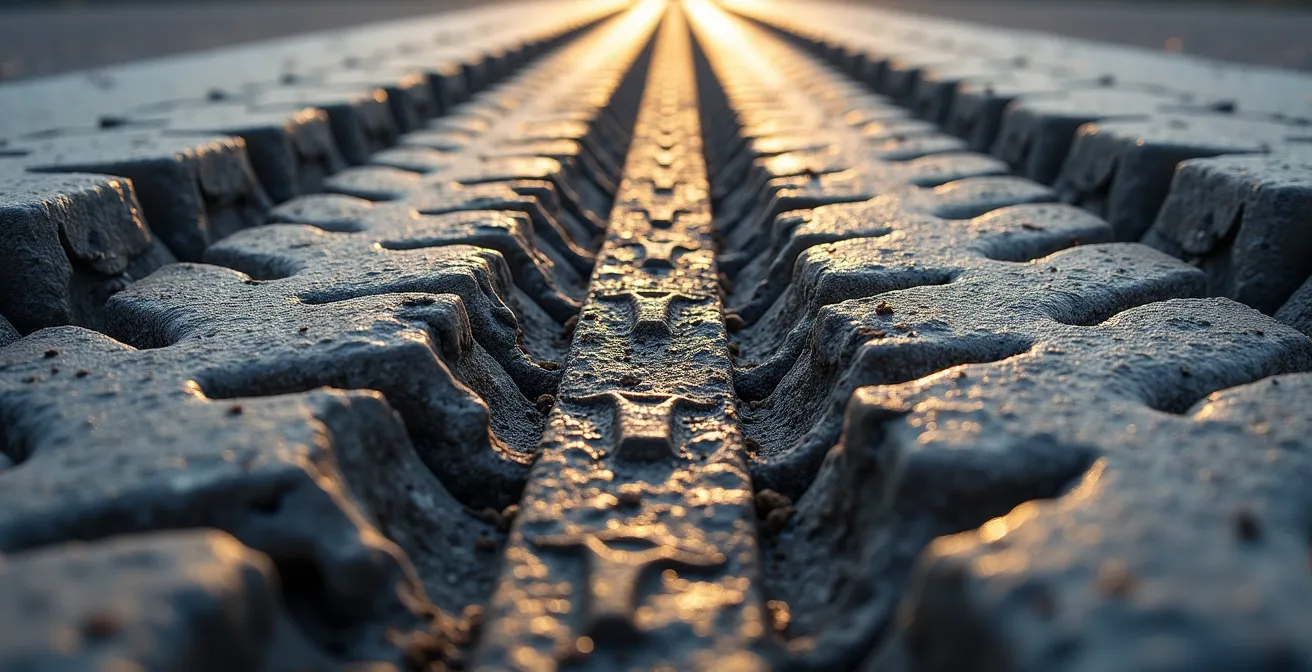 Vue macro détaillée de traces de pneus de camion sur une zone d'accès industriel