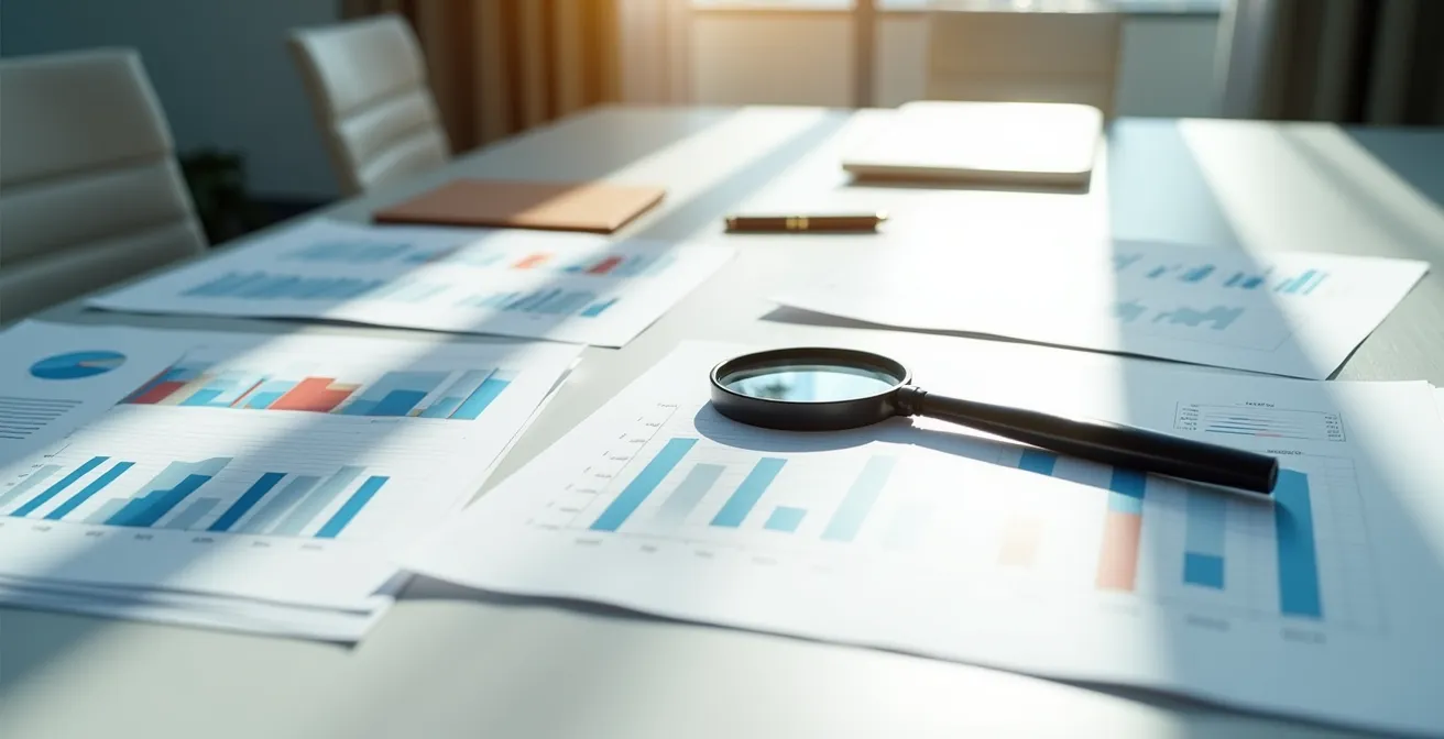 Bureau avec plusieurs devis étalés et une loupe posée sur des graphiques de comparaison