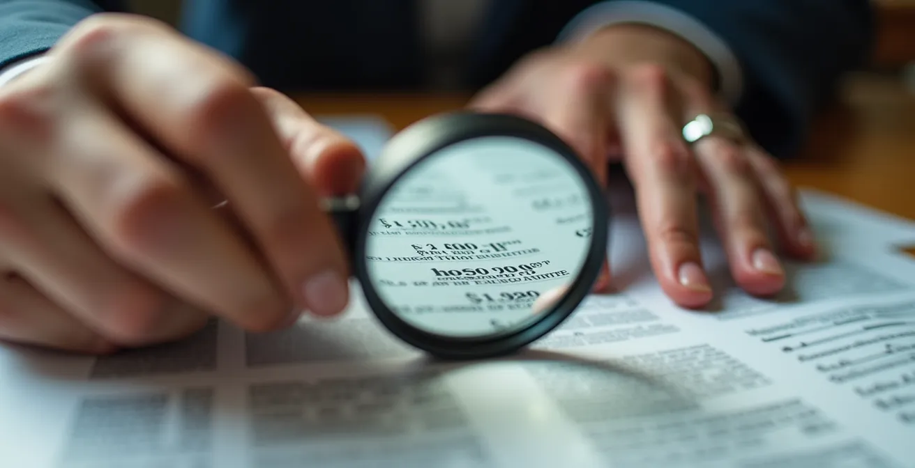 Analyse détaillée de documents financiers avec une loupe pour détecter les erreurs dans le TAEG.