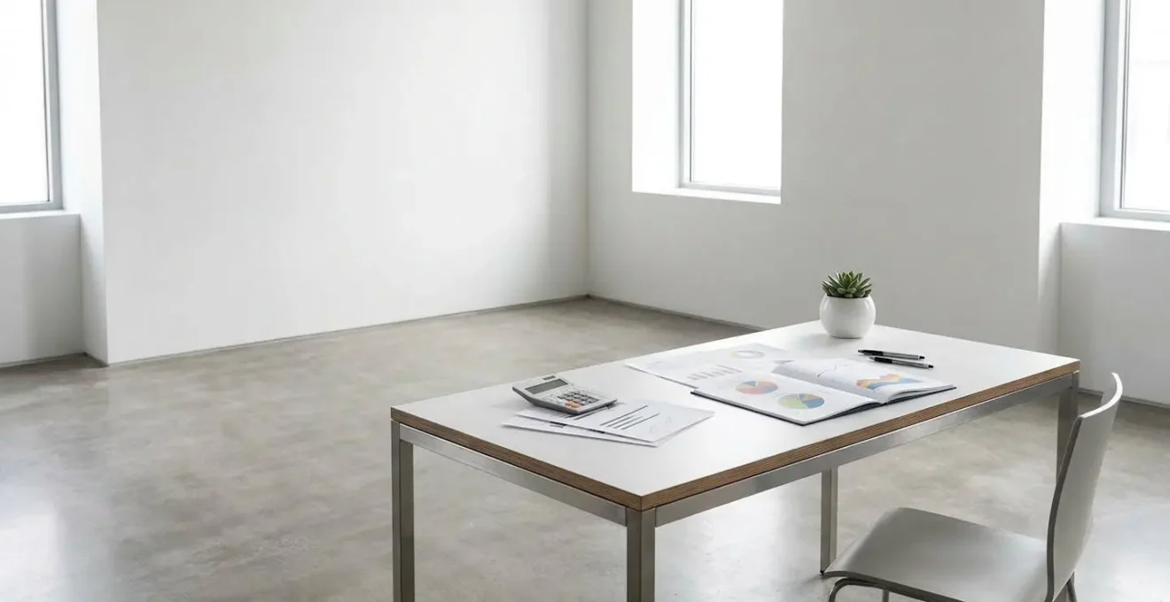 Bureau minimaliste avec calculatrice, graphiques financiers et documents éparpillés