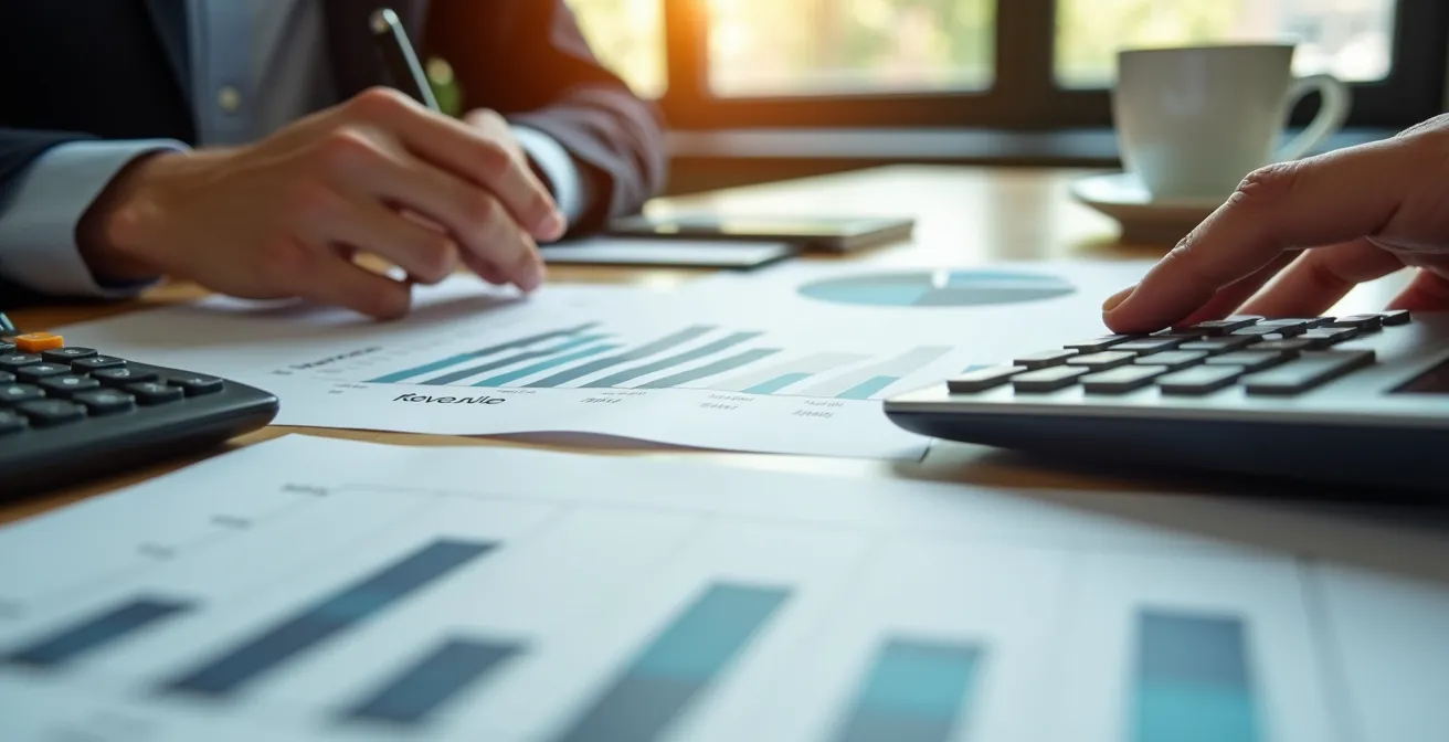 Main analysant des graphiques de revenus sur bureau avec calculatrice