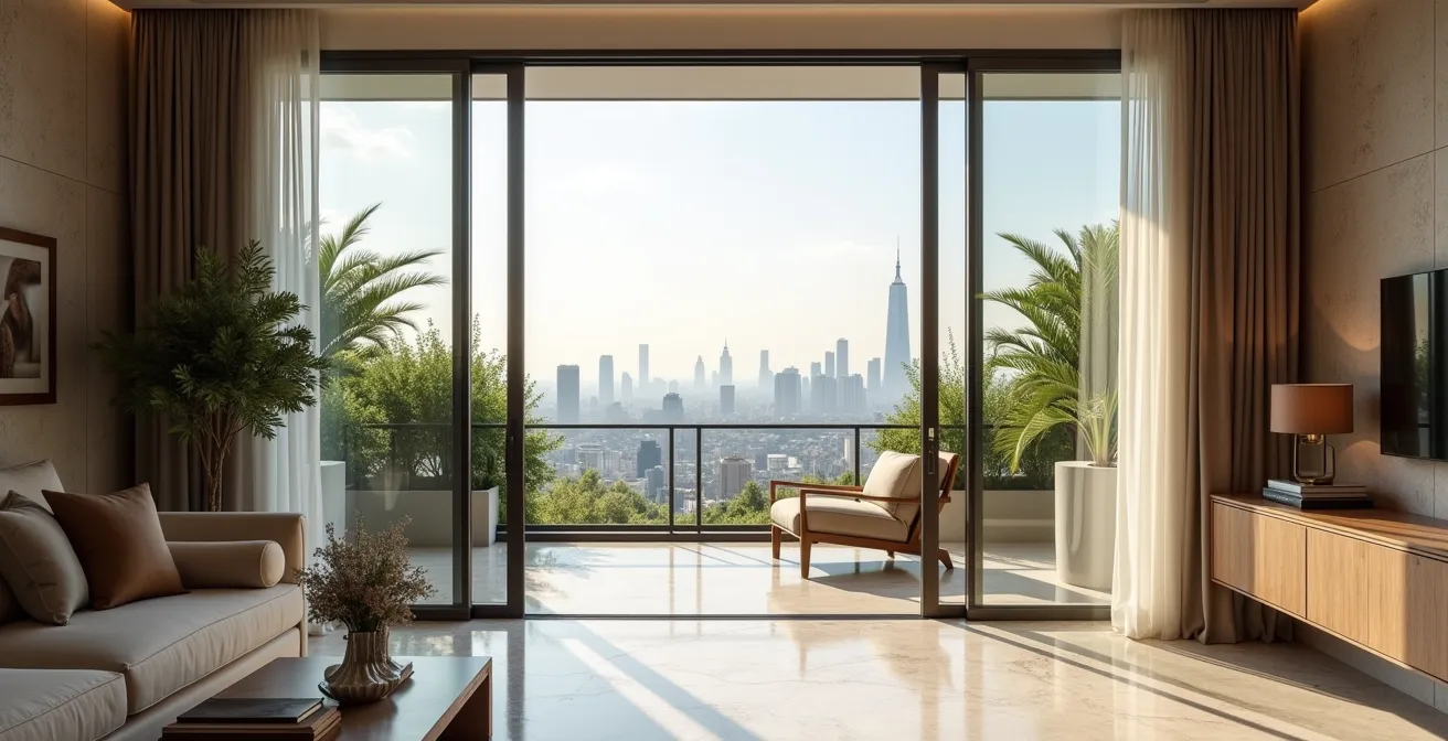 Intérieur d'appartement luxueux avec terrasse panoramique et équipements haut de gamme justifiant un complément de loyer