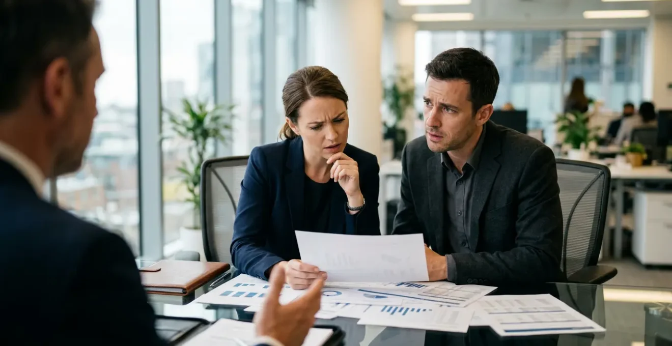 Couple examinant des documents financiers avec un conseiller bancaire dans un bureau lumineux