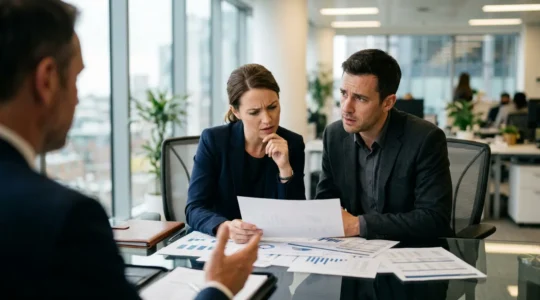 Couple examinant des documents financiers avec un conseiller bancaire dans un bureau lumineux