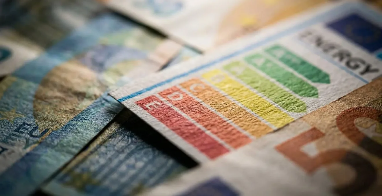 Vue macro d'une étiquette énergétique DPE floue avec des billets d'euros en arrière-plan