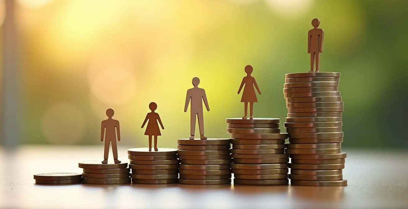 Vue macro de pièces empilées et figurines familiales illustrant le calcul du reste à vivre