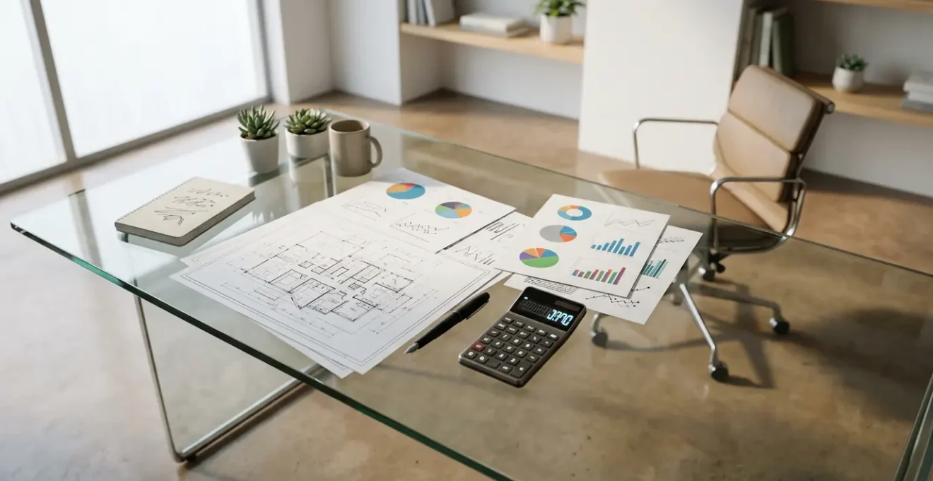 Vue plongeante d'un bureau moderne avec documents financiers, calculatrice et graphiques d'analyse immobilière