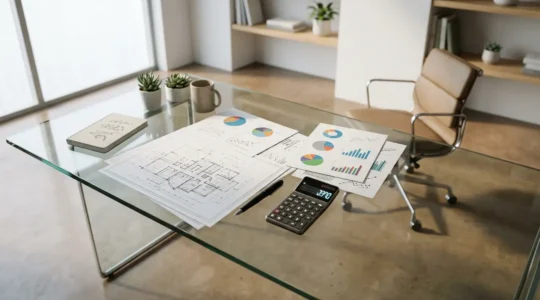 Vue plongeante d'un bureau moderne avec documents financiers, calculatrice et graphiques d'analyse immobilière