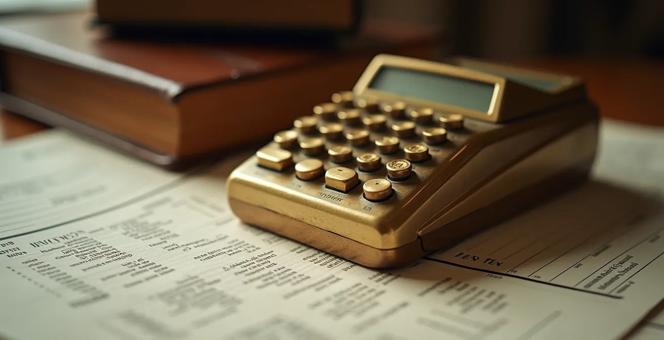Calculatrice et documents fiscaux sur un bureau en bois