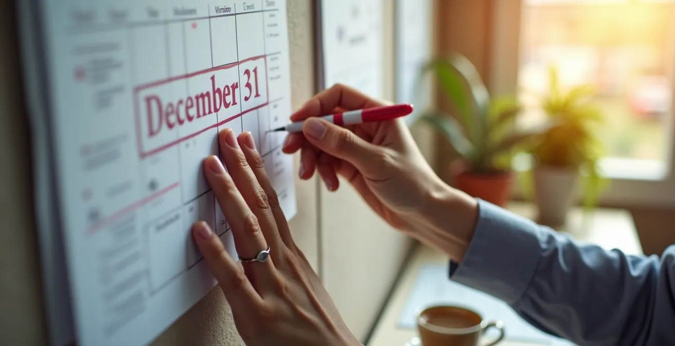 Bureau minimaliste avec calendrier mural marqué et stylo posé sur formulaire flou
