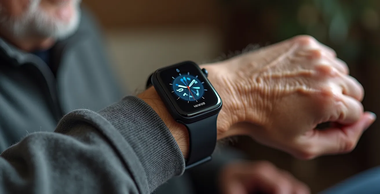 Gros plan sur une montre connectée avec capteur de chute au poignet d'une personne âgée