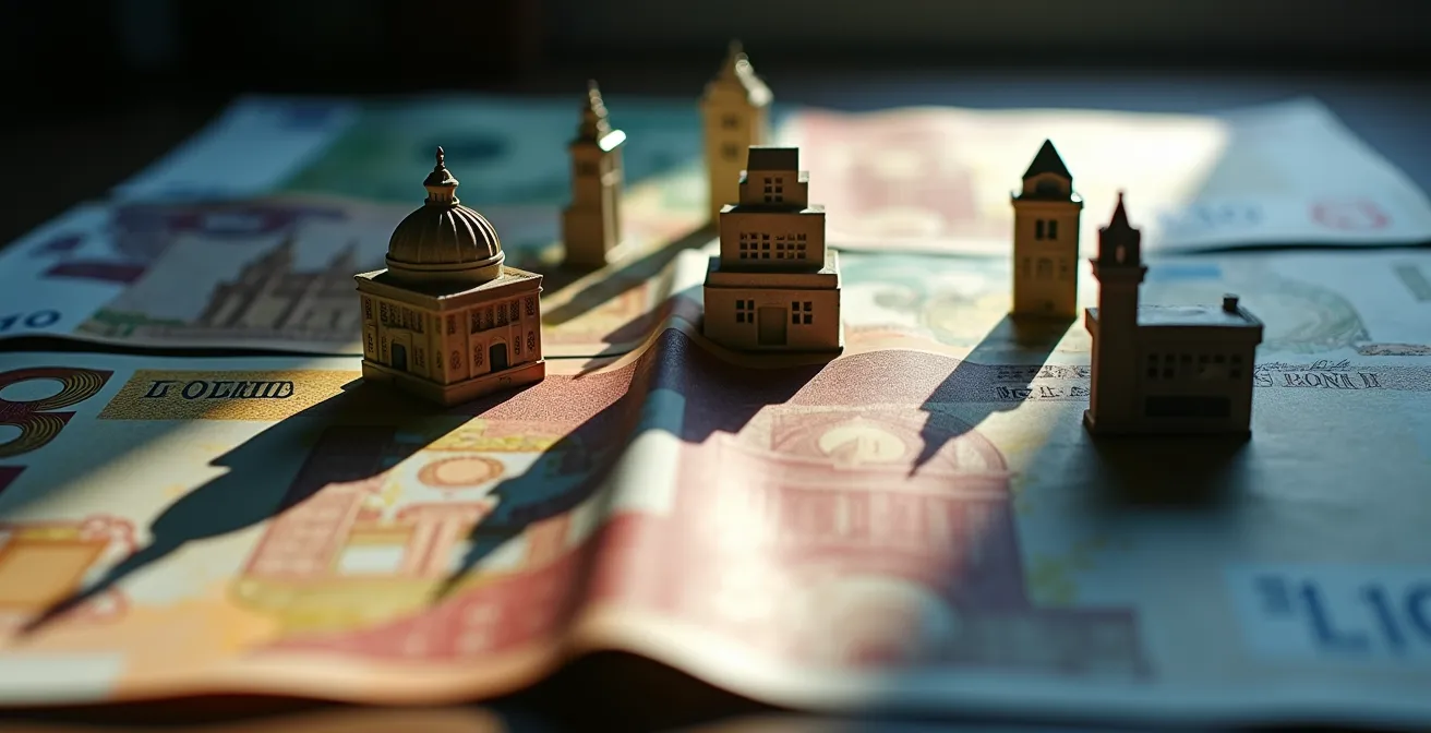 Carte stylisée montrant différentes devises et skylines urbaines interconnectées