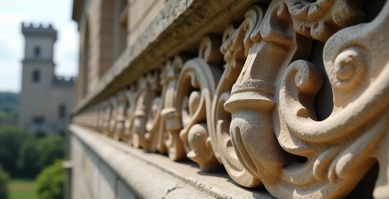 Vue macro sur détails architecturaux d'un château français transformé en hôtel de luxe