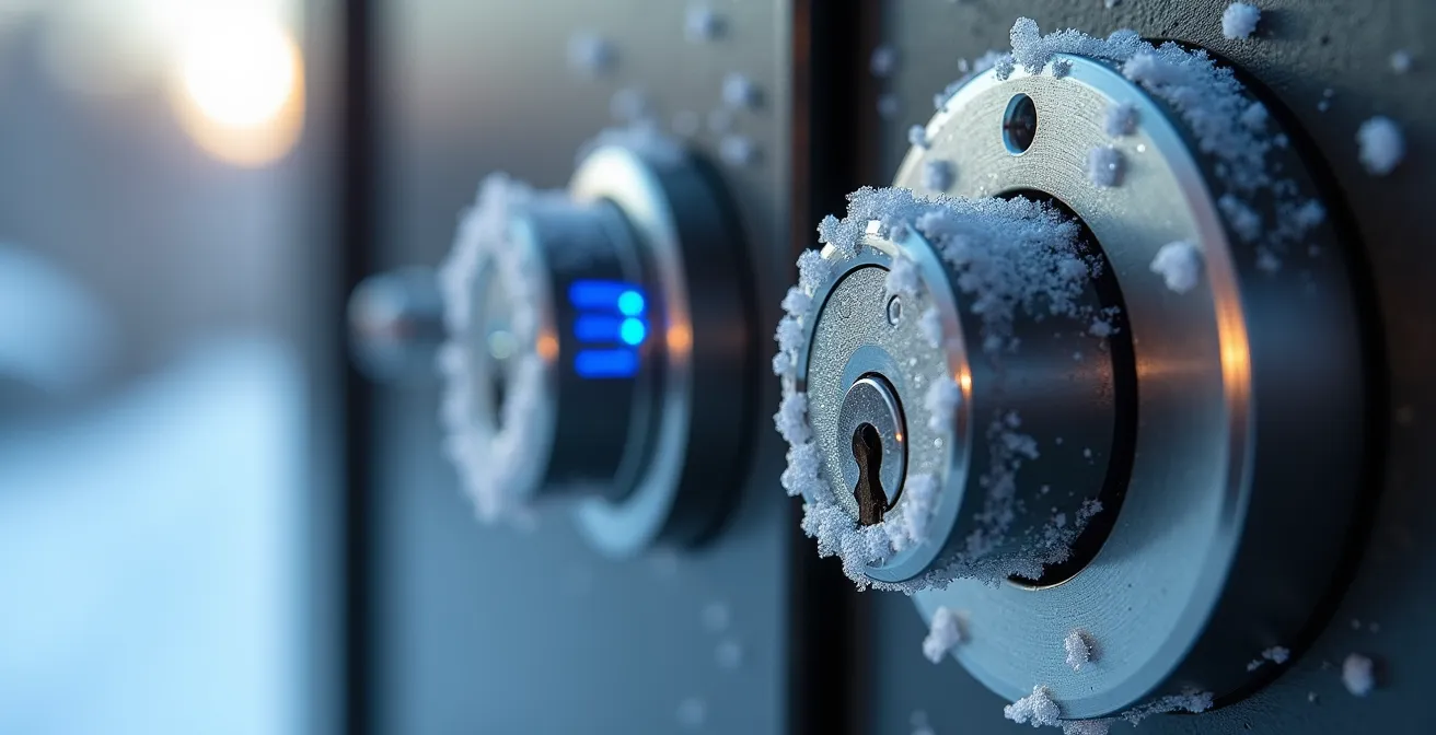 Gros plan sur une serrure connectée givrée à côté d'une boîte à clés traditionnelle en conditions hivernales