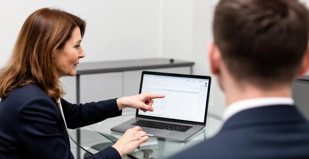 Conseillère en gestion de patrimoine expliquant un placement à son client