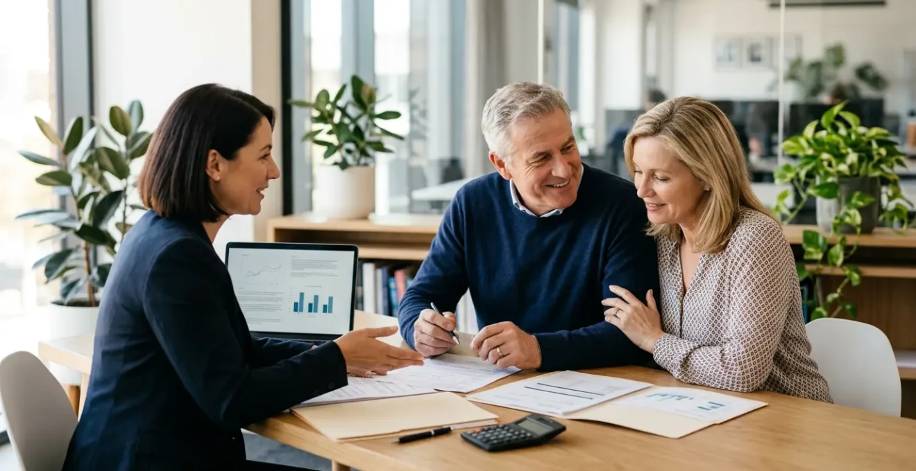 Un couple consulte des documents d'assurance avec un conseiller financier dans un bureau lumineux
