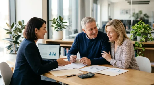 Un couple consulte des documents d'assurance avec un conseiller financier dans un bureau lumineux