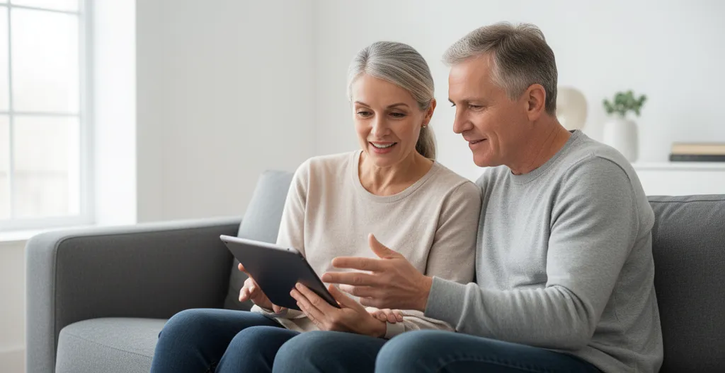 Couple européen consultant les options d'investissement immobilier sur tablette