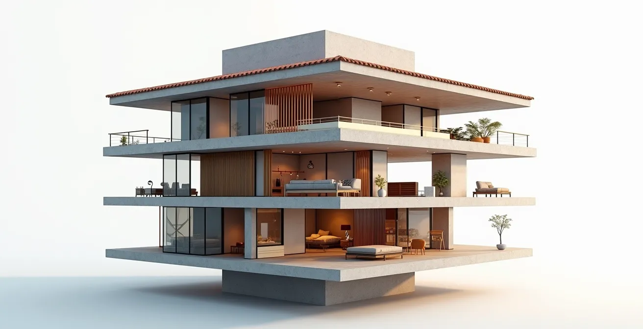 Vue éclatée 3D architecturale montrant les différentes couches d'un bâtiment