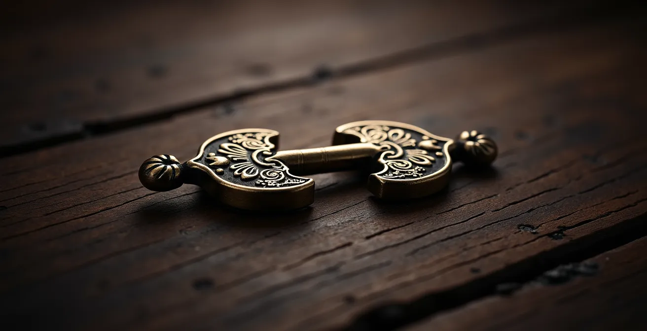 Métaphore visuelle du démembrement avec une clé ancienne sur une table en bois
