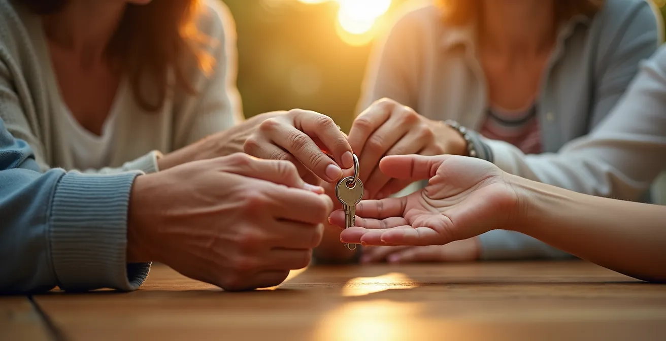 Mains de différentes générations échangeant symboliquement des clés d'appartement