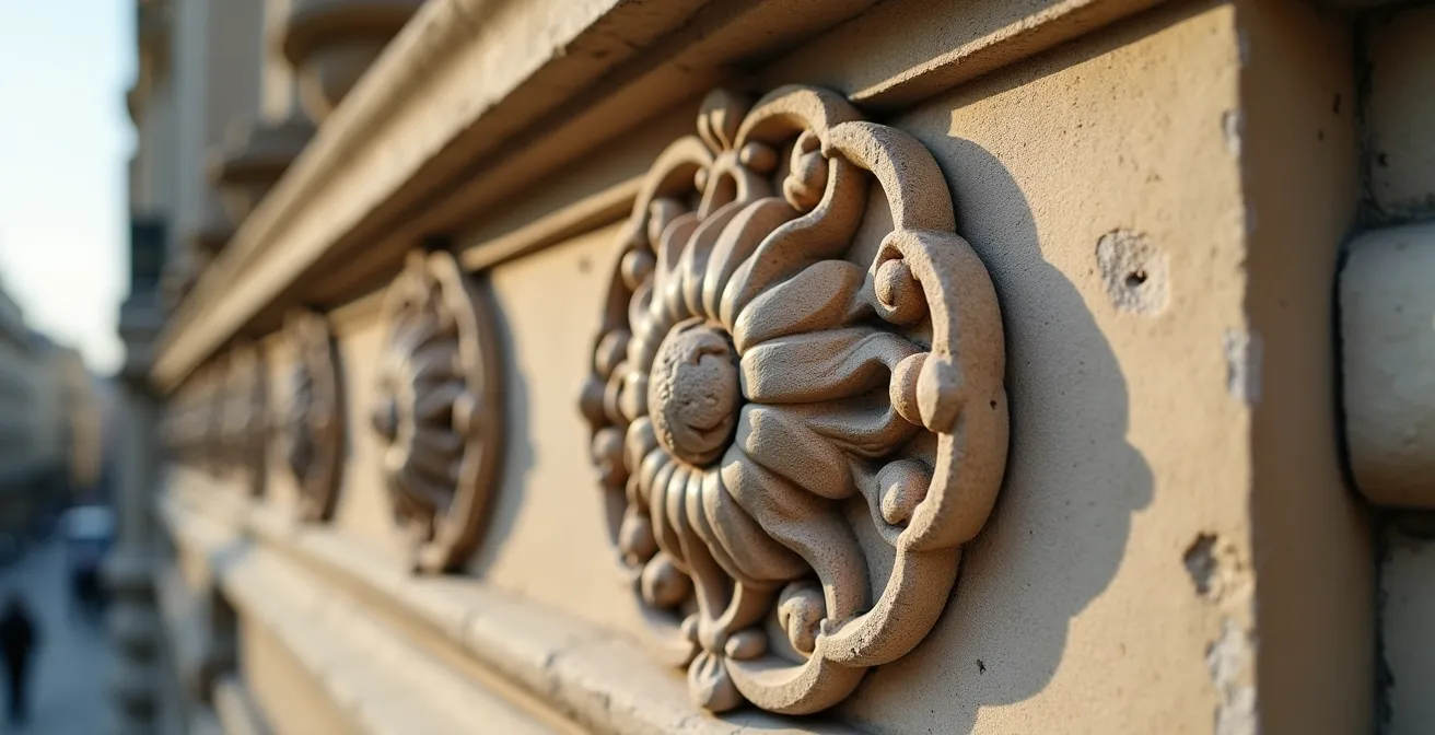 Détail macro d'une sculpture ornementale sur façade haussmannienne