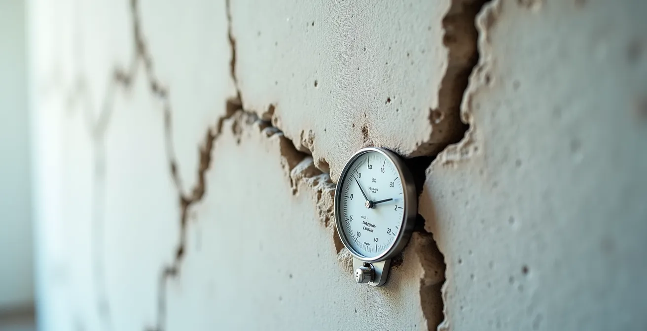 Gros plan macro sur une fissure murale avec jauge de mesure professionnelle