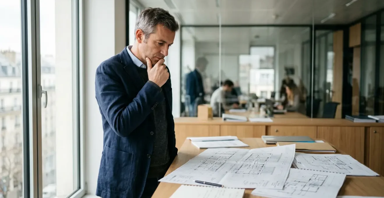 Dirigeant de TPE réfléchissant dans un espace de bureau moderne avec plans architecturaux