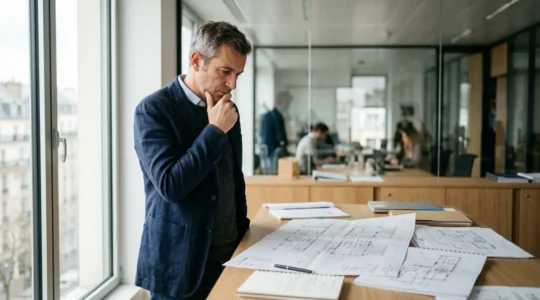Dirigeant de TPE réfléchissant dans un espace de bureau moderne avec plans architecturaux