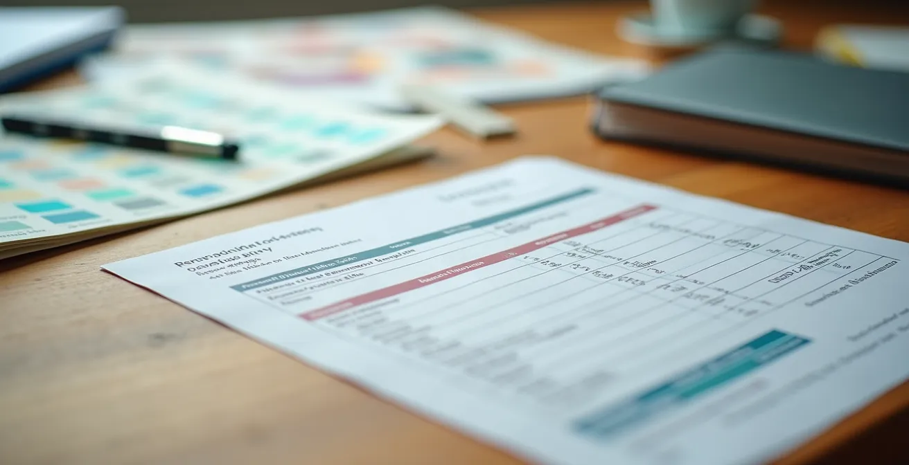 Bureau avec documents de chantier, photos avant-après et factures de travaux organisés méthodiquement