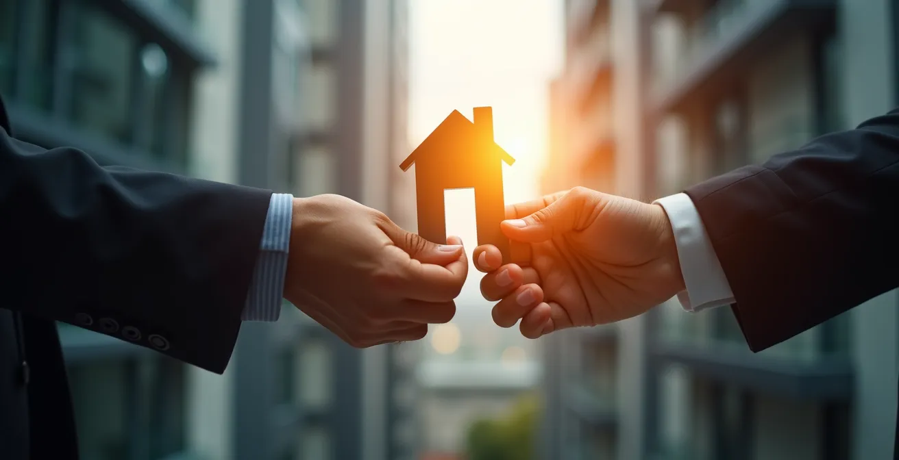Mains échangeant une clé avec immeuble flou en arrière-plan