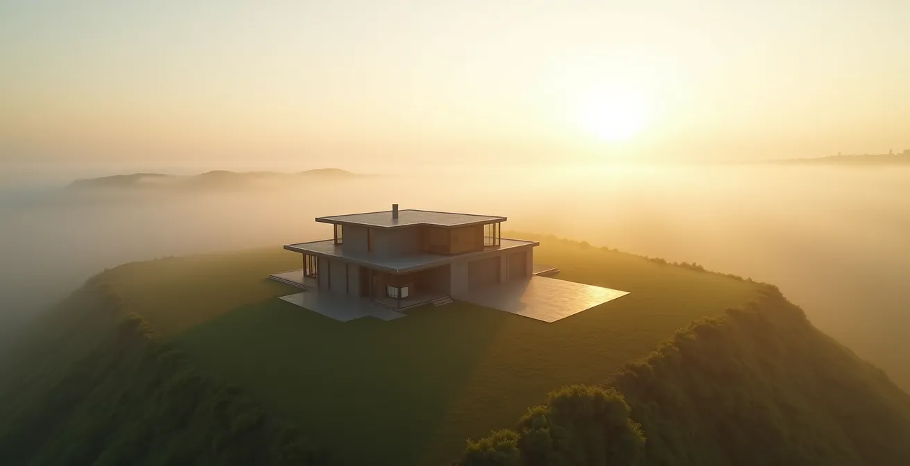 Vue aérienne minimaliste d'une maison unique entourée d'espace négatif symbolisant la rareté