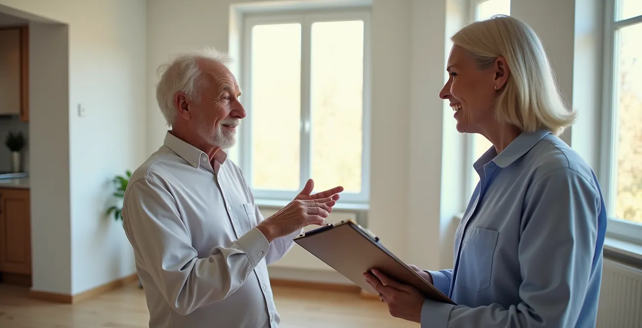 Ergothérapeute effectuant un diagnostic dans un logement avec une personne âgée