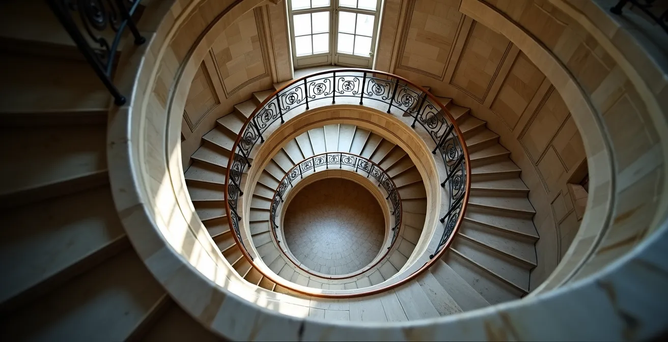 Cage d'escalier en marbre d'un immeuble haussmannien vue en contre-plongée