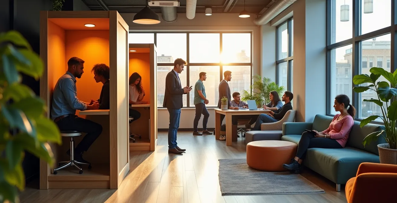 Espace de travail hybride moderne illustrant le concept d'Activity-Based Working