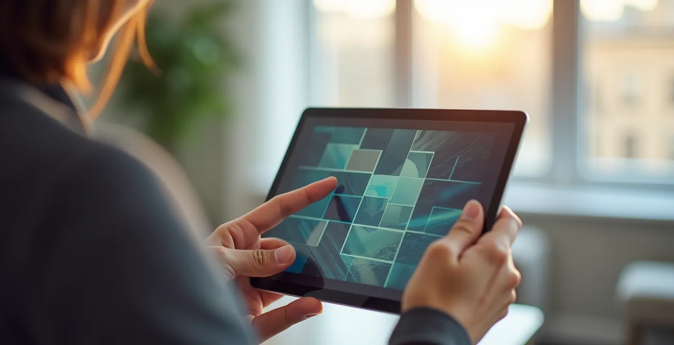 Mains tenant une tablette montrant une interface d'état des lieux avec photos comparatives