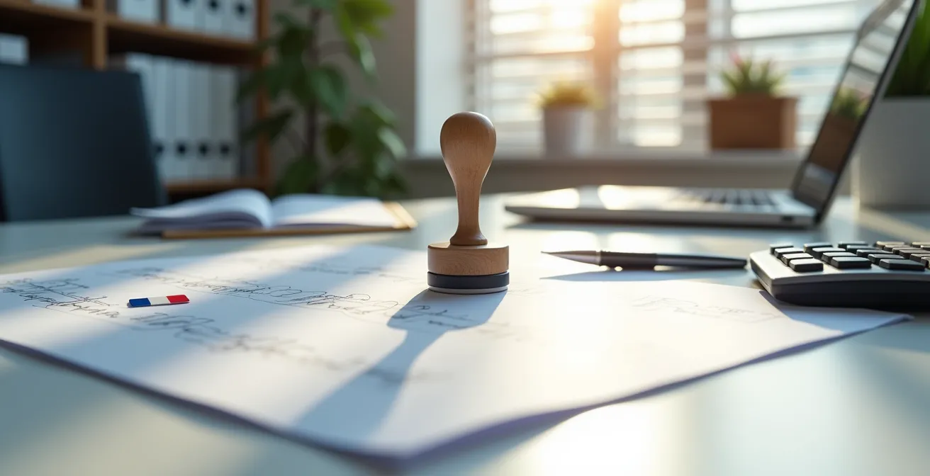 Bureau professionnel avec formulaires administratifs et tampon officiel