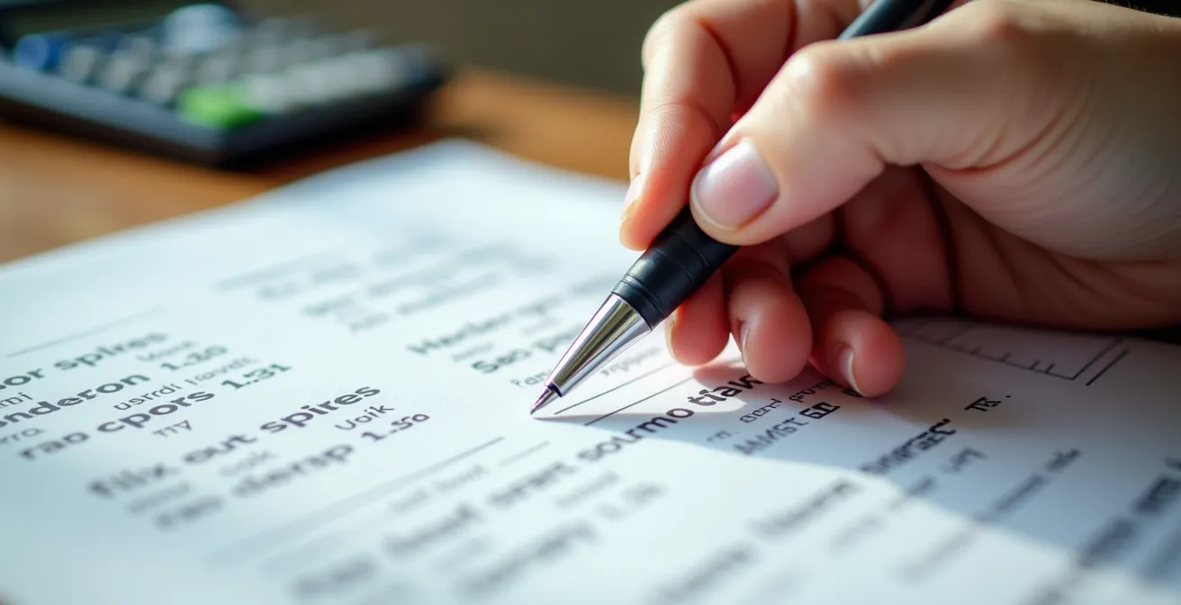 Mains remplissant un document administratif sur bureau avec calculatrice