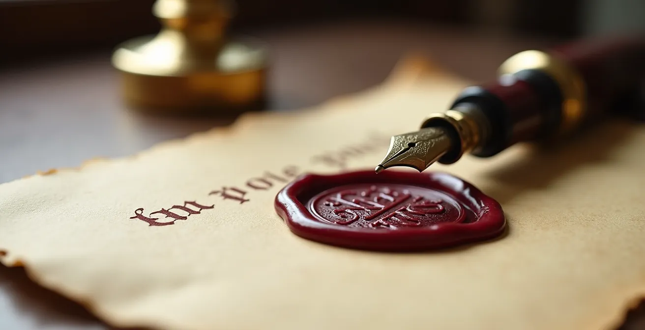 Documents notariés, calculatrice et stylo plume sur bureau ancien illustrant les frais d'acquisition