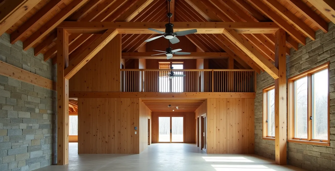 Intérieur de grange rénovée avec mezzanine et ventilateur de plafond