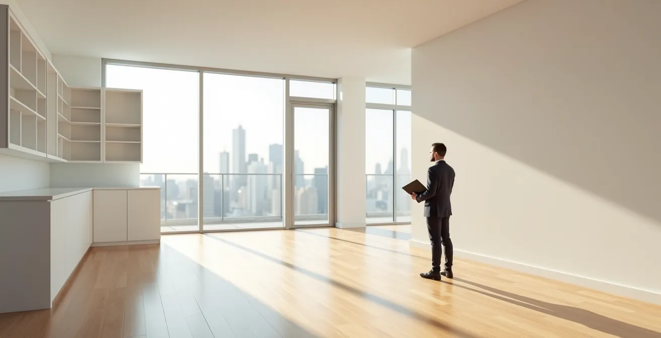 Commissaire de justice (huissier) effectuant un constat dans un appartement vide pour un état des lieux de sortie