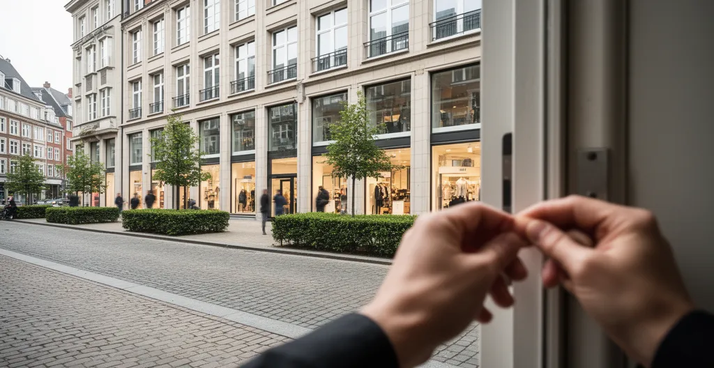 Façade immeuble commercial européen avec activité locative visible