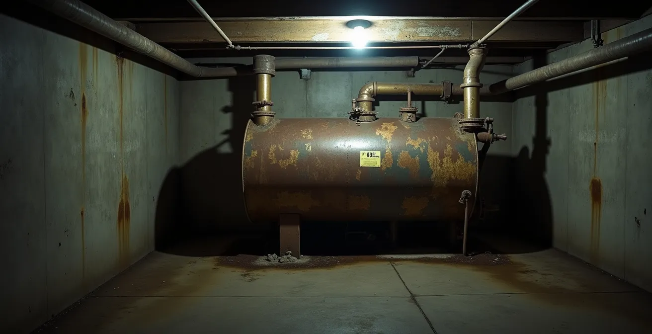 Examen technique d'une chaudière ancienne avec traces de corrosion dans une cave