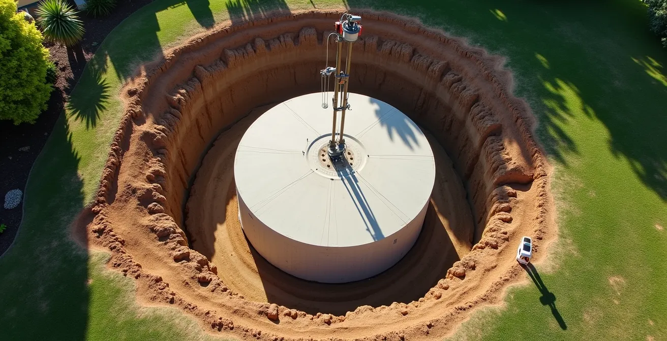 Vue aérienne d'un chantier d'installation de micro-station d'épuration dans un jardin
