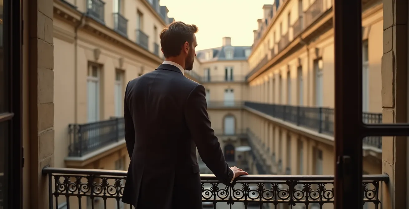 Homme d'affaires contemplant un hôtel particulier parisien depuis une terrasse
