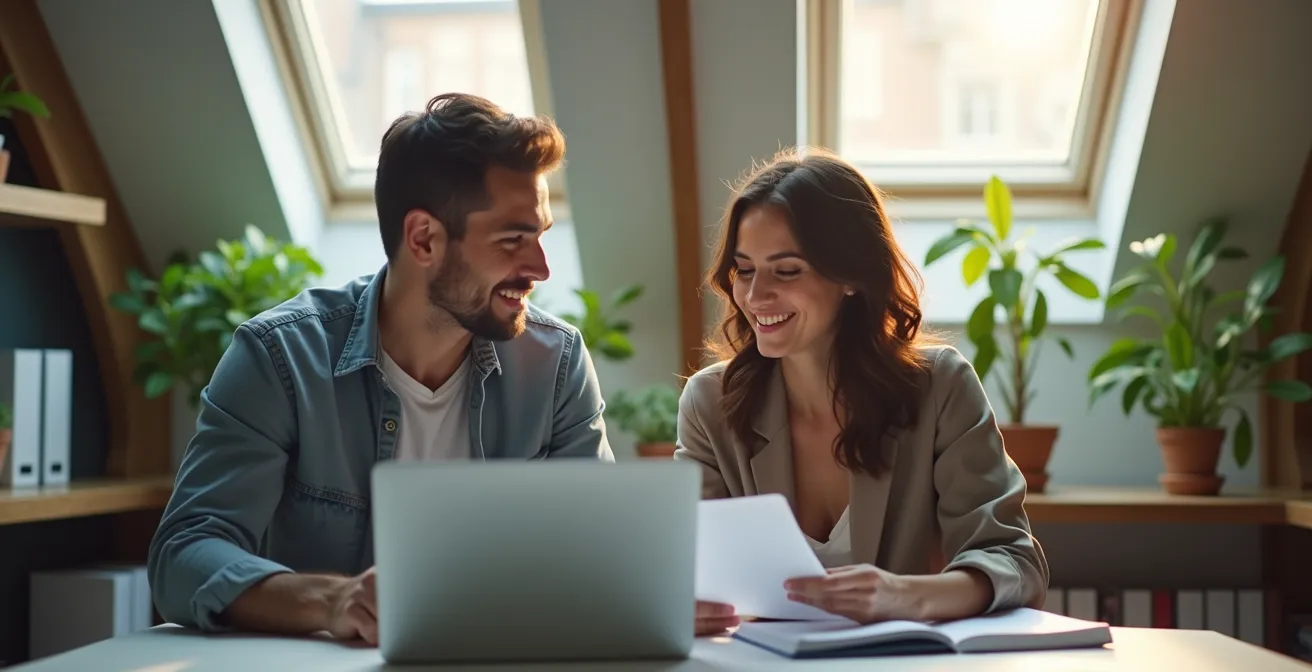 Couple travaillant dans un espace bureau lumineux à l'étage d'un duplex moderne