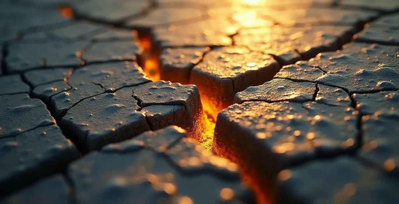 Détail macro d'une surface de pierre avec fissures dorées à la lumière rasante